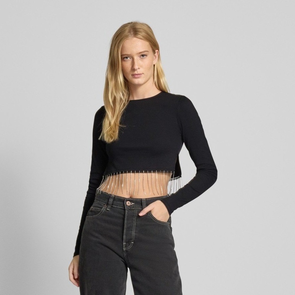 Noisy May NMMAYA Black Ribbed Cropped Long Sleeve Rhinestone Fringe Top M NEW